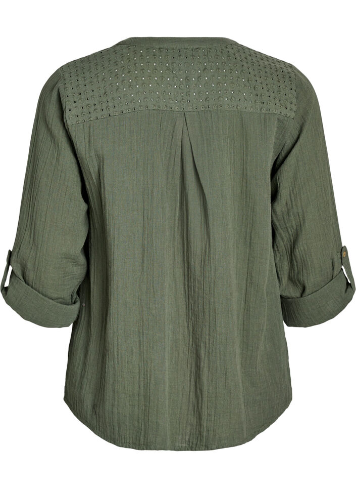 Blus i bomullsmuslin med broderie anglaise, Gr&ouml;n, Packshot image number 1