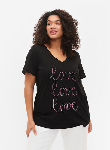 T-shirt i bomull med V-ringad hals och tryck, Black W. Love, Model image number 0