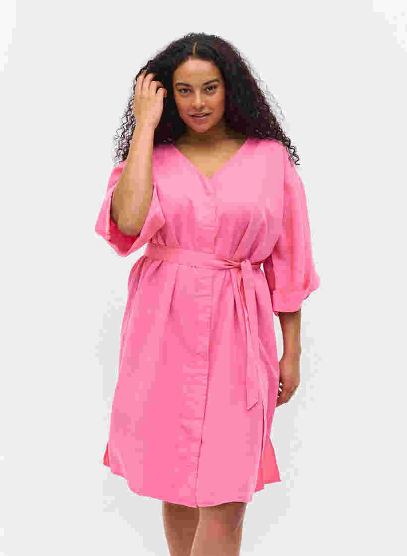 Klänning med 3/4-ärmar och knytband, Shocking Pink, Model