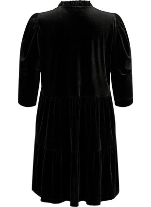 Klänning i velour med volangkrage och 3/4-ärmar, Black, Packshot image number 1