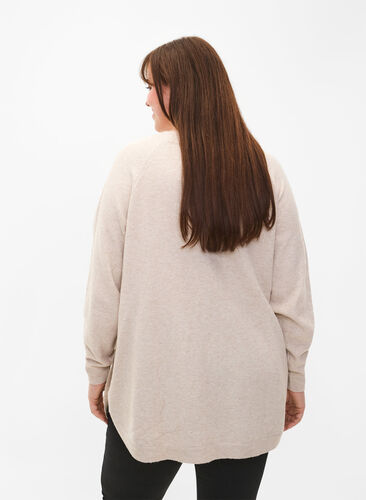 Melerad stickad tröja med pärlknappar på sidorna	, Pumice Stone Mel., Model image number 1