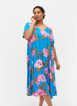 Midiklänning i viskos med blommigt mönster, Blue Pink Flower, Model image number 0