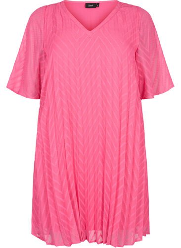 Kortärmad klänning med struktur, Shocking Pink, Packshot image number 0