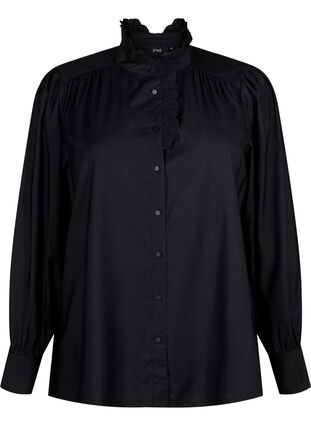 Viskosshirt blus med ruffles, Black, Packshot image number 0
