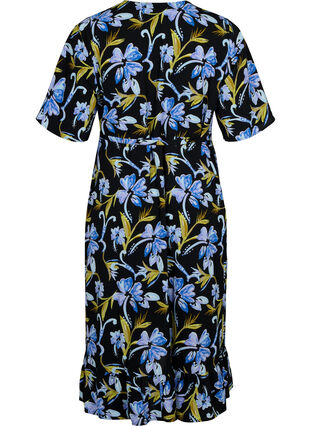 Tryckt omlottklänning med korta ärmar , Black Blue Flower, Packshot image number 1