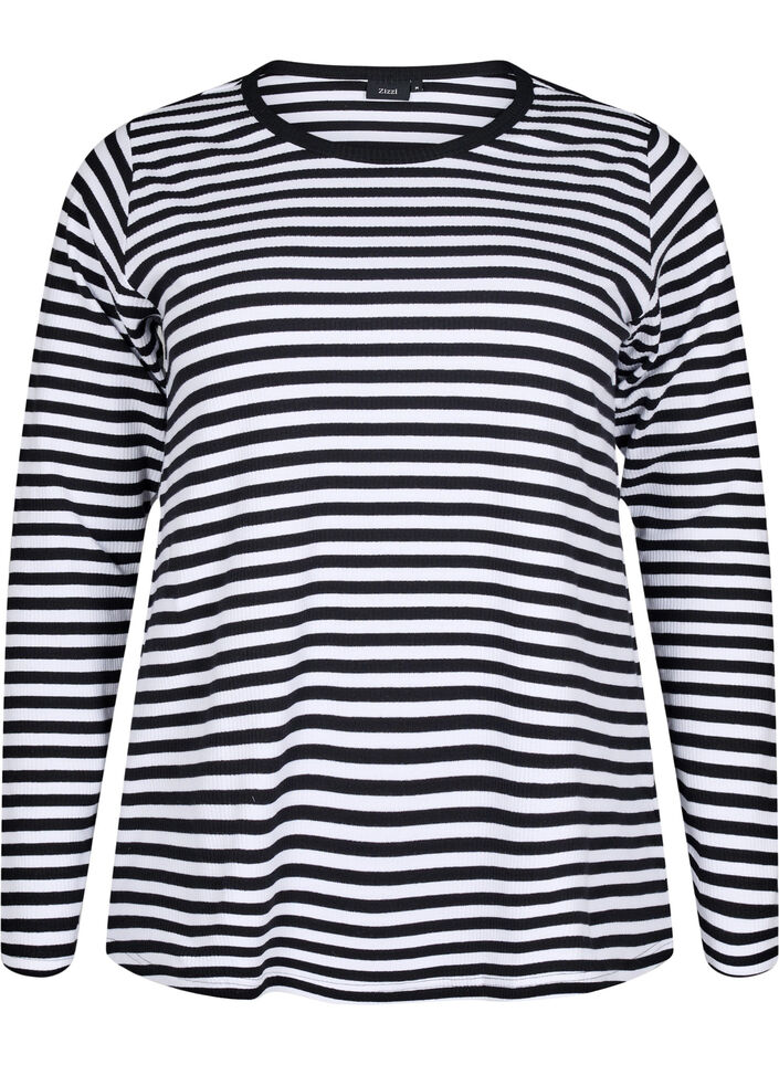 Randig blus med l&aring;nga &auml;rmar, Svart, Packshot image number 0