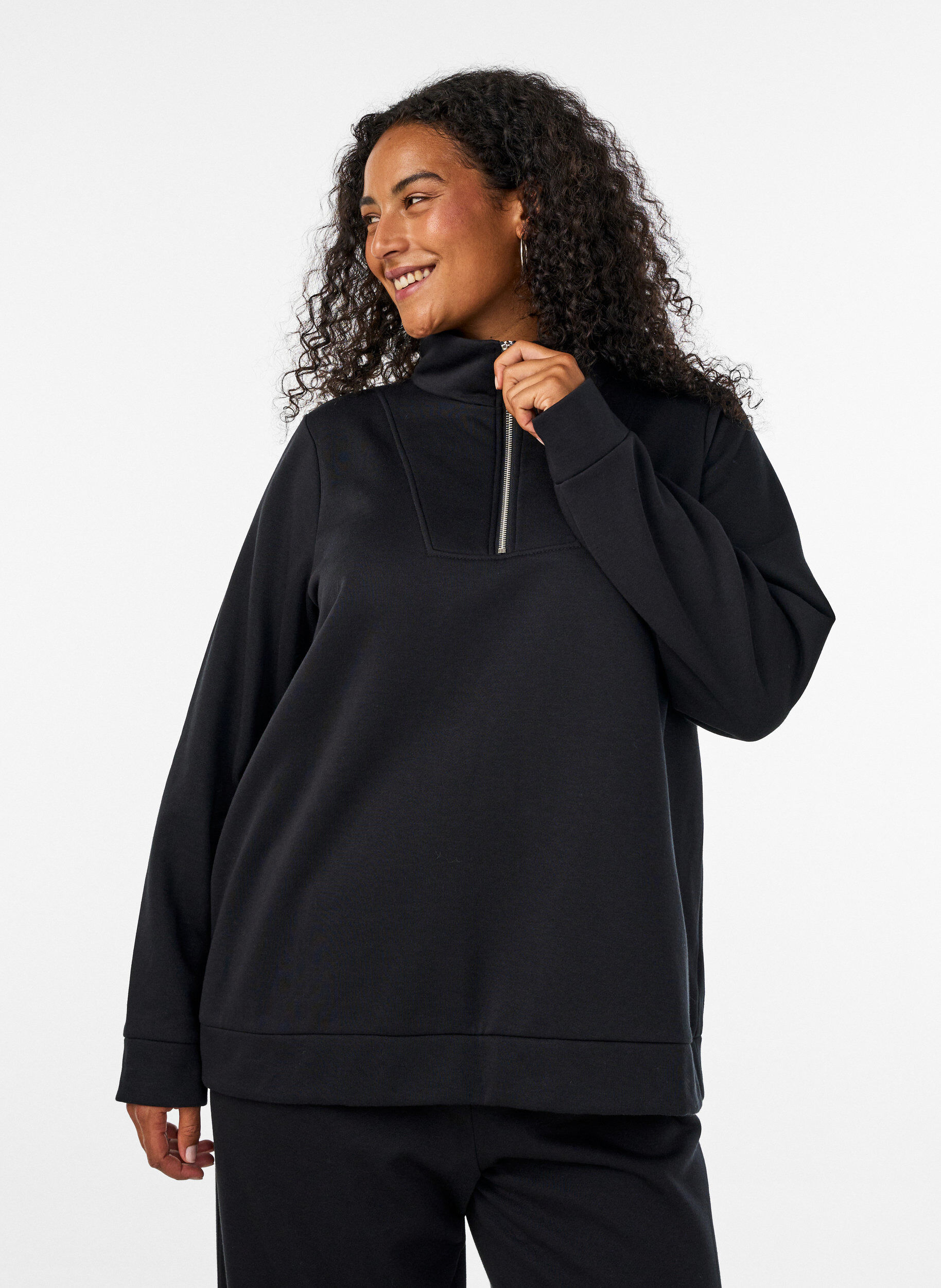 ZizziSweatshirt med h&ouml;g krage och dragkedja, Svart, Model image number 0