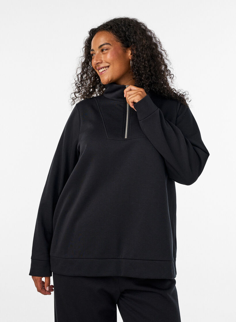 Sweatshirt med h&ouml;g krage och dragkedja, Svart, Model image number 0