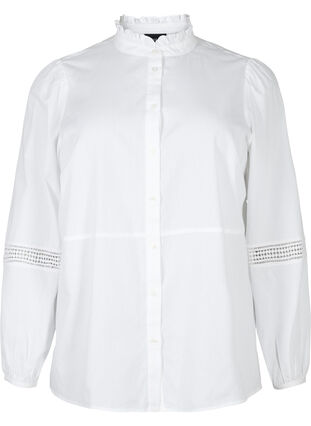 Skjortblus med volangkrage och virkat band, Bright White, Packshot image number 0