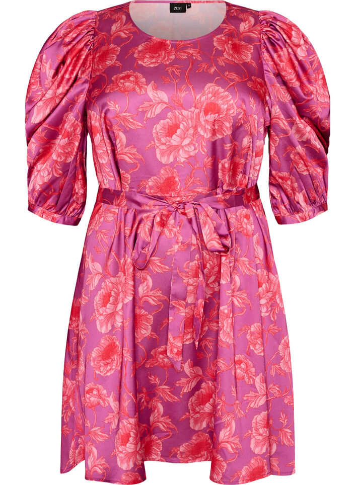 Blommig kl&auml;nning med puff&auml;rmar och knytsk&auml;rp, Rosa, Packshot image number 0