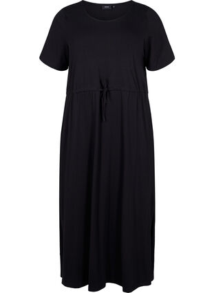 Midiklänning i bomull med korta ärmar, Black Solid, Packshot image number 0