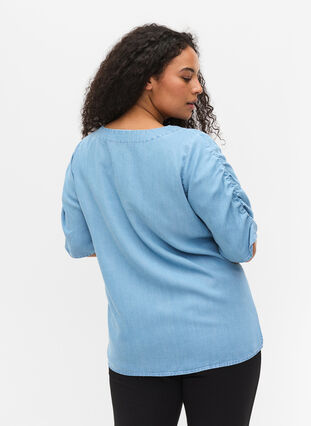 Blus med draperade ärmar, Light blue denim, Model image number 1