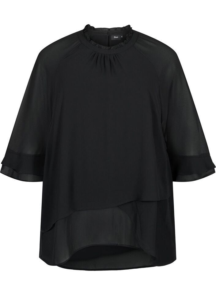 Blus med asymmetrisk fåll och 3/4-ärmar, Black, Packshot image number 0