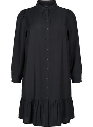 Skjortklänning i viskos med volangkant, Black, Packshot image number 0