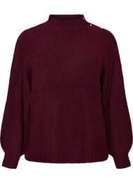 Ribbstickad tr&ouml;ja med puff&auml;rmar och knappar, M&ouml;rk Bordeaux