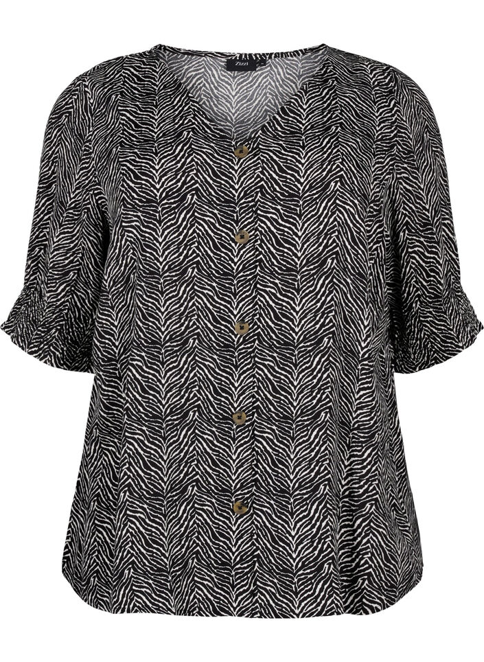 Blus i viskos med knappar, Black Graphic AOP, Packshot image number 0