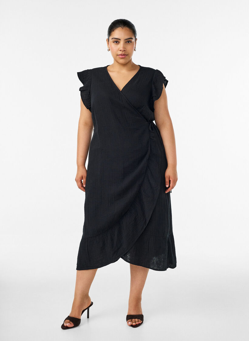 Omlottkl&auml;nning i bomullsmuslin med volanger, Svart, Model image number 0