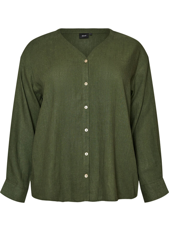 Blus i linne och viskos med v-ringning, Gr&ouml;n, Packshot image number 0