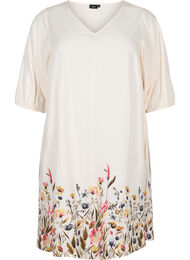 Kortärmad viskosklänning med blommigt mönster, Off White Flower