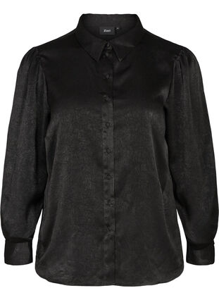 Skjorta med struktur och långa puffärmar, Black, Packshot image number 0
