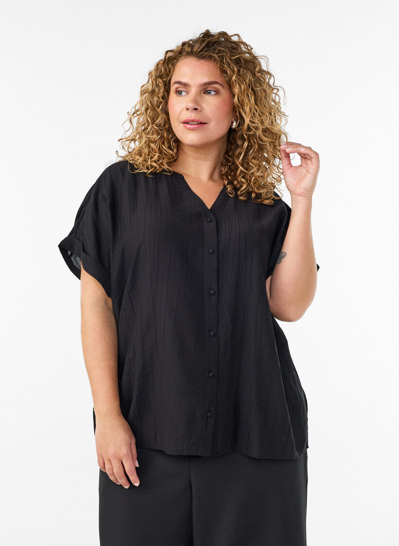 Blus i viskos med knappar och struktur, Svart, Model image number 0