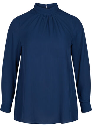 Långärmad blus med hög krage, Navy Blazer, Packshot image number 0