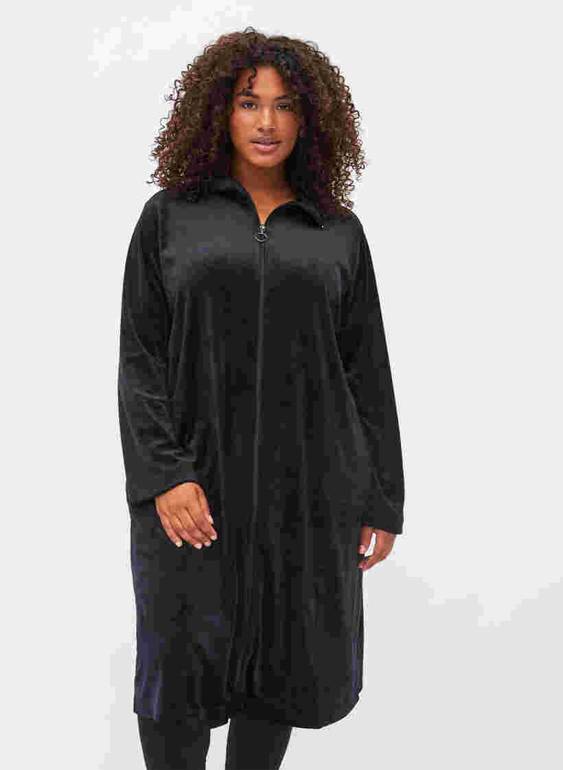 Klänning  i velour med blixtlås och fickor, Black, Model image number 0