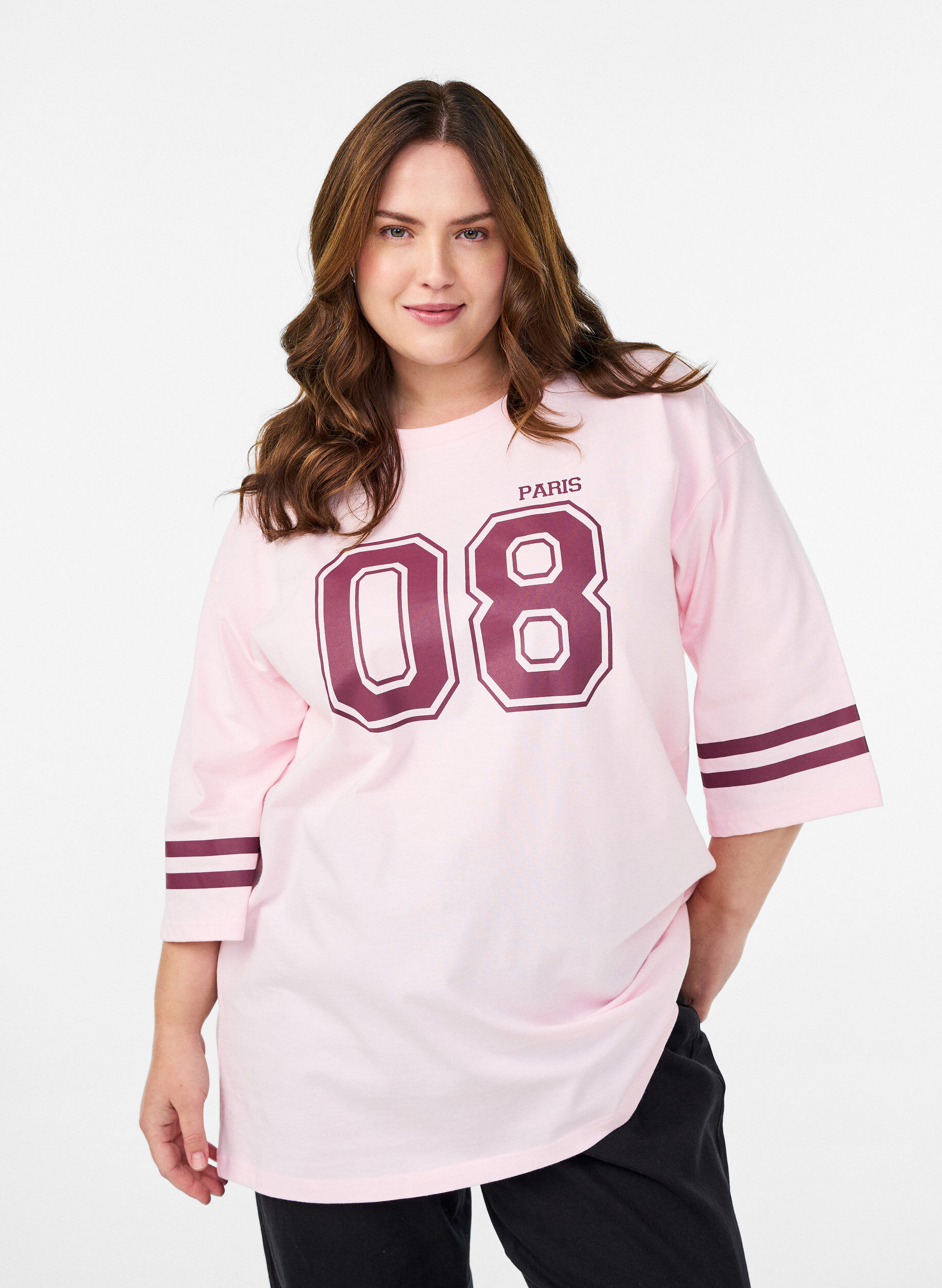 Oversized college-t-shirt med 3/4-&auml;rm, Rosa, Model