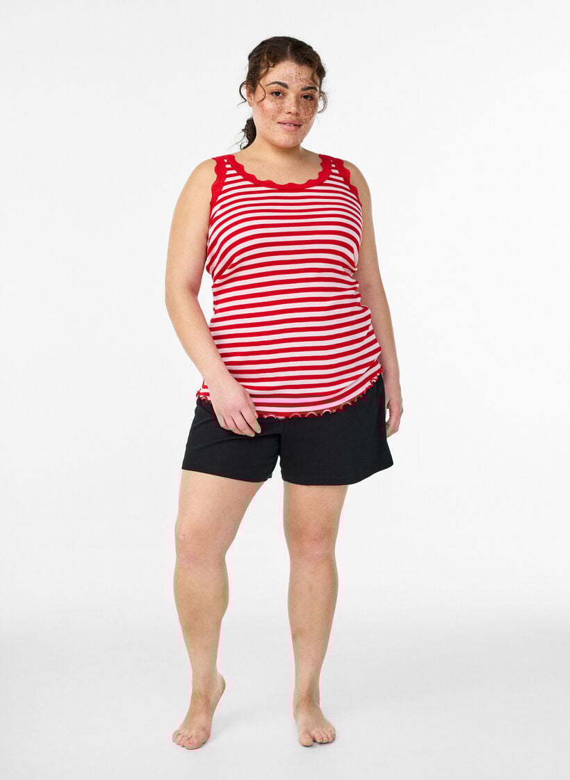 Randig topp med ribbad textur och spetskant, Rosa, Model image number 1