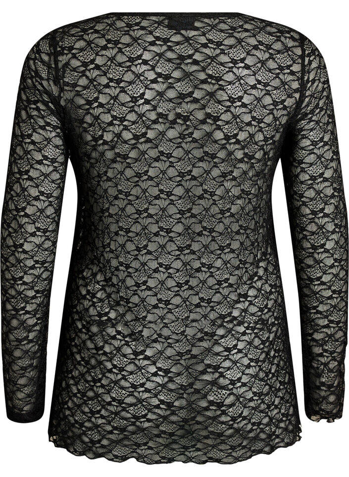 Blus i genomskinlig spets med l&aring;nga &auml;rmar, Svart, Packshot image number 1
