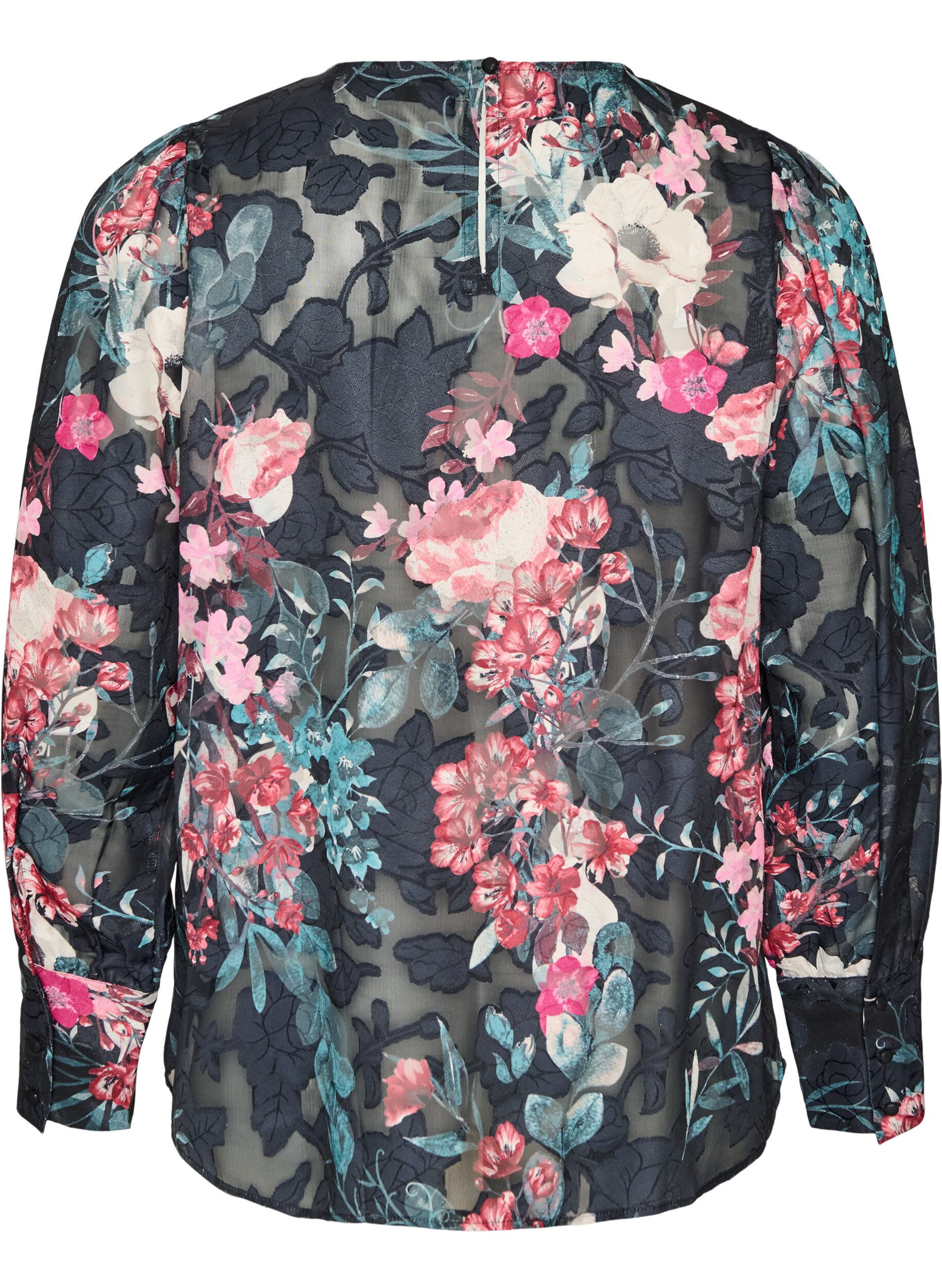 ZizziBlommig blus med v&auml;vd textur, Svart, Packshot image number 1