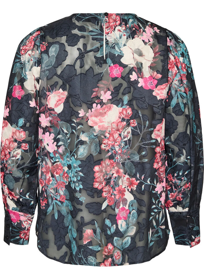 Blommig blus med v&auml;vd textur, Svart, Packshot image number 1