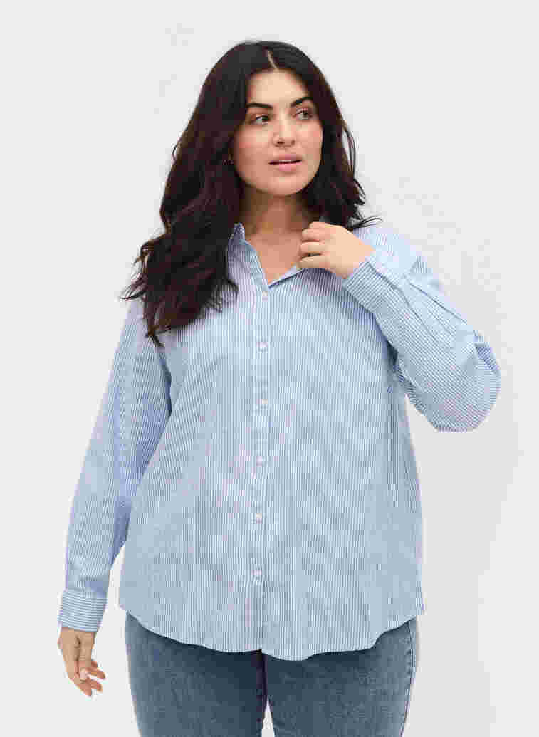 Långärmad skjorta i bomull, Blue Striped, Model image number 0