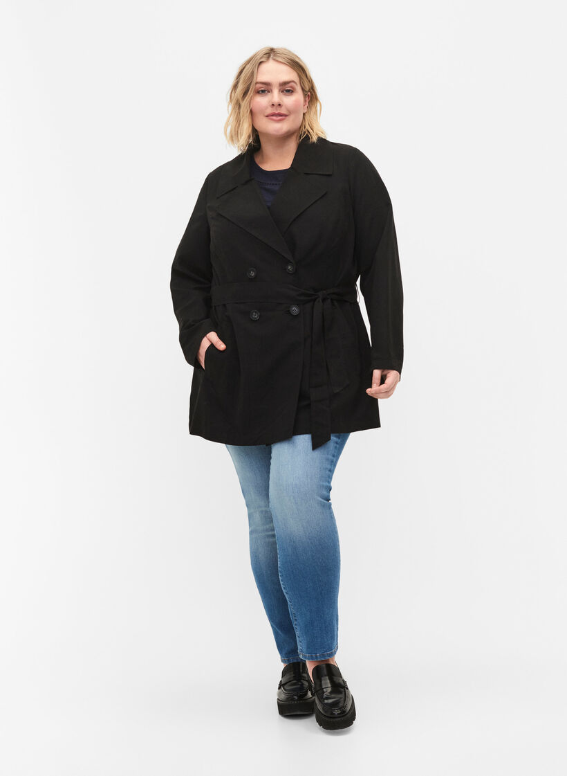 Trenchcoat med bälte och fickor, Black, Model image number 2