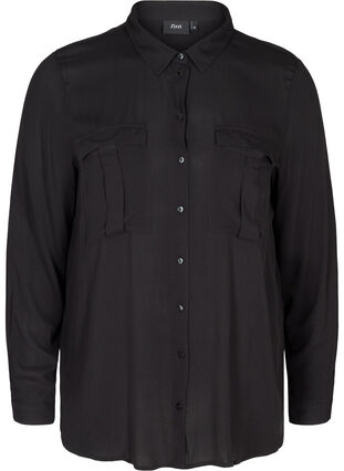 Viskosskjorta med bröstfickor, Black, Packshot image number 0