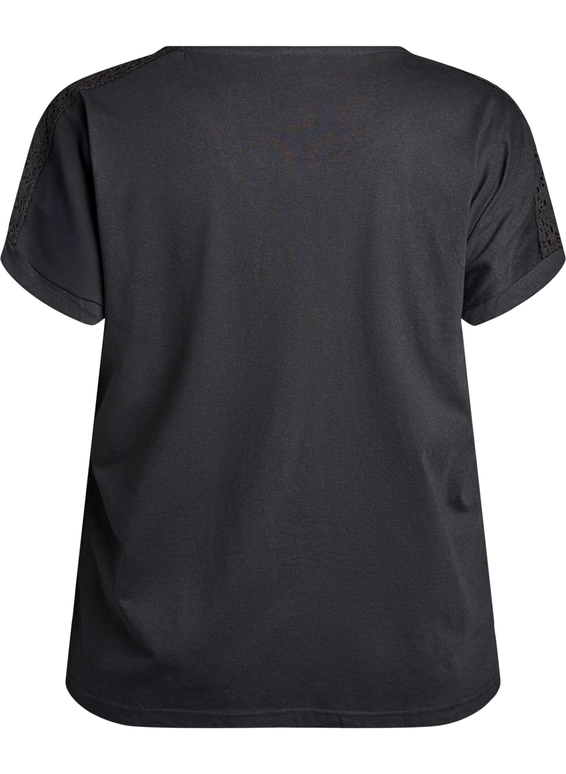 ZizziT-shirt i bomull med virkad detalj, Svart, Packshot image number 1