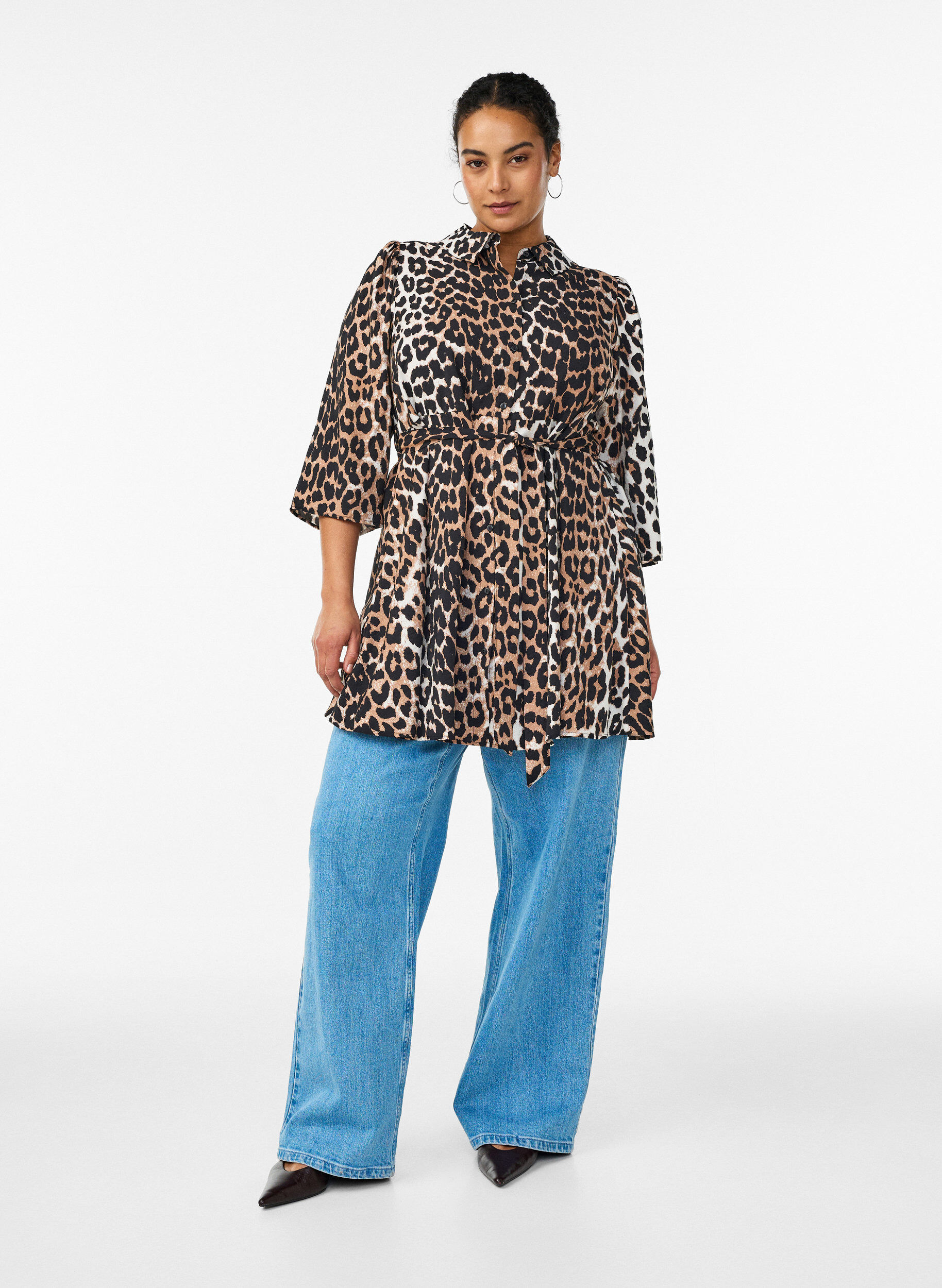 ZizziM&ouml;nstrad tunika med knytsk&auml;rp och 3/4-&auml;rmar, Brun, Model image number 1