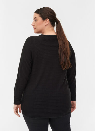 Stickad tröja med struktur och rund hals, Black, Model image number 1