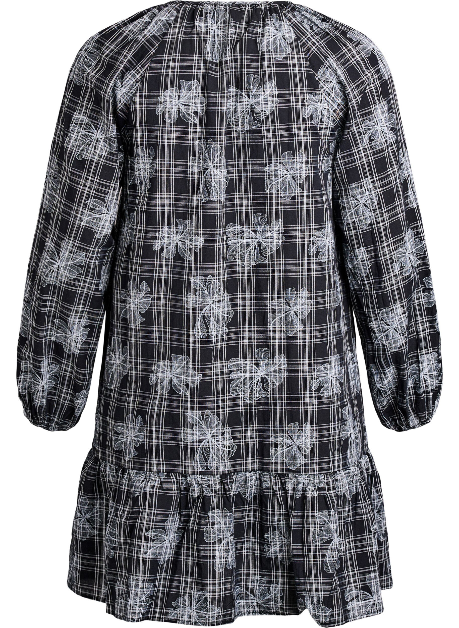 Zizzi Kort kl&auml;nning med rutigt och blommigt m&ouml;nster, Svart, Packshot image number 1