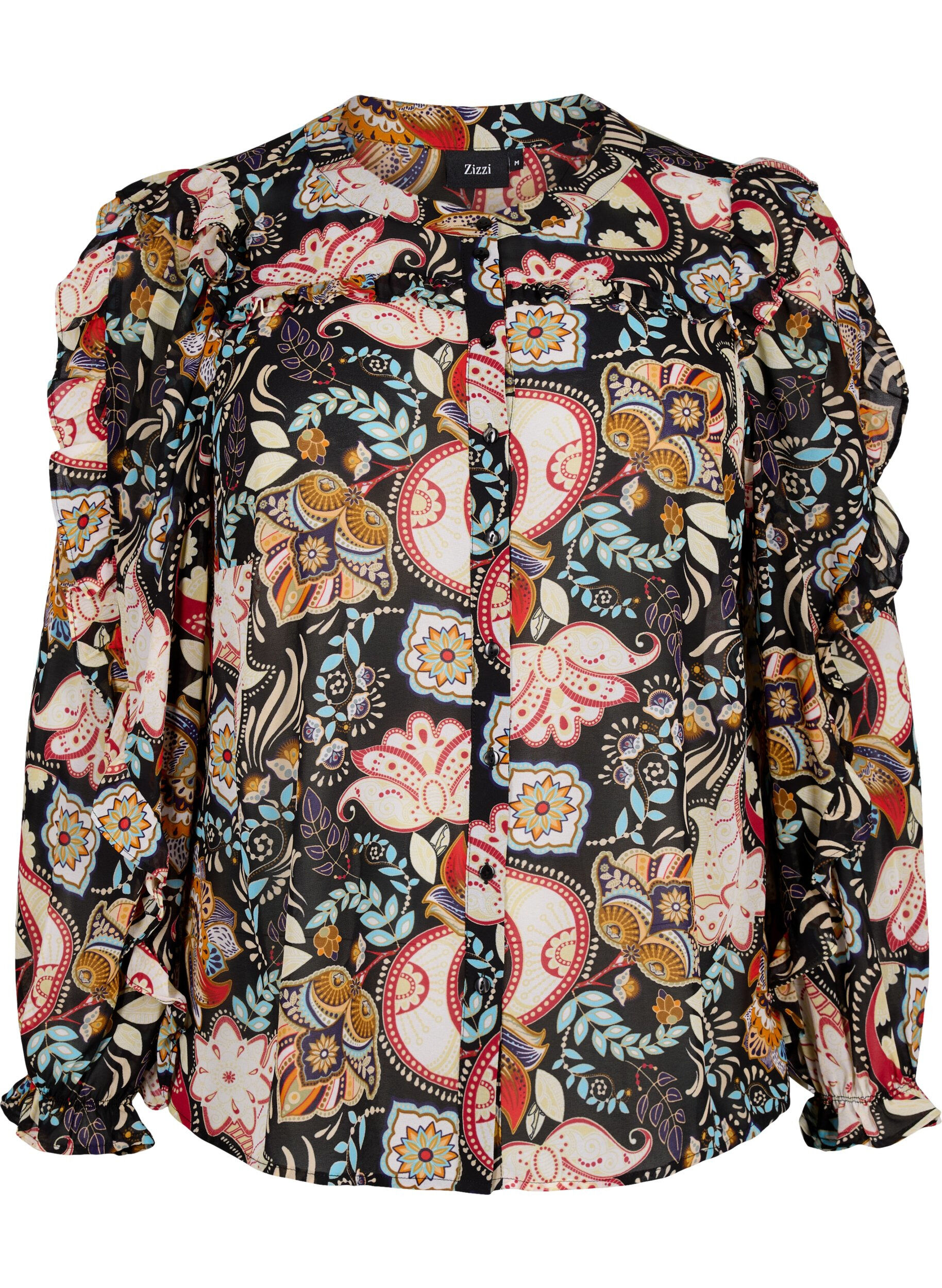 Zizzi Skjortblus med volanger och paisleytryck, Black Paisley, Packshot image number 0
