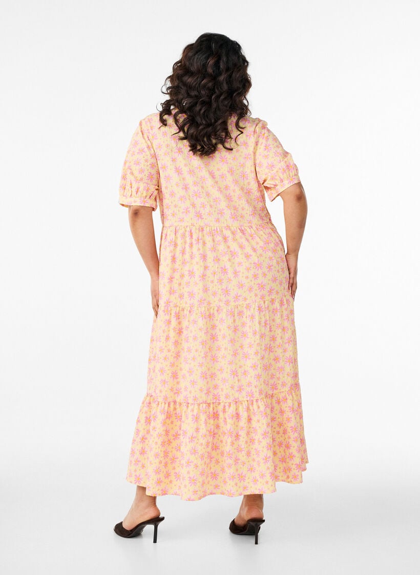 Ankell&aring;ng kl&auml;nning med korta &auml;rmar och volanger i etapper, Gul, Model image number 1