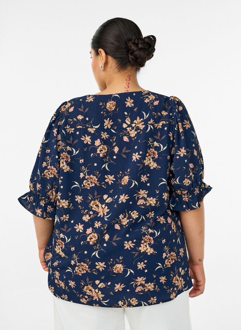 Skjortblus med halvl&aring;nga &auml;rmar, Bl&aring;, Model image number 2