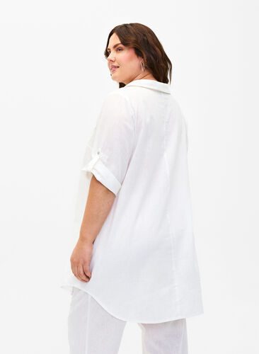 Kortärmad tunika i bomullsblandning med linne, Bright White, Model image number 1