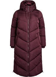 L&aring;ng pufferjacka med huva och fickor, M&ouml;rk Bordeaux