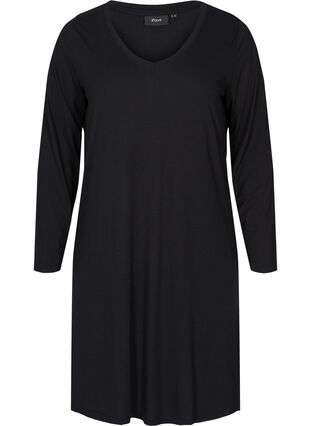 Långärmad klänning med v-ringad hals, Black, Packshot image number 0