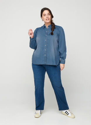 Denimskjorta med puffärmar, Blue denim, Model image number 3