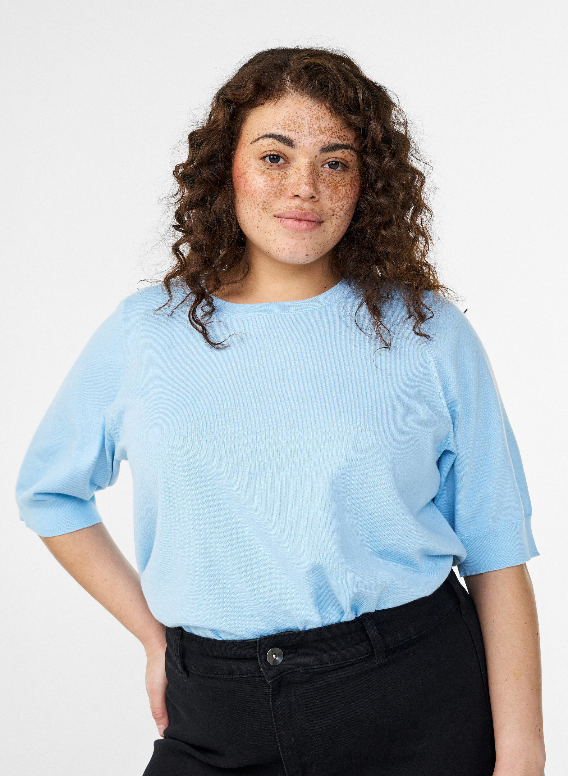 ZizziFinstickad blus med korta &auml;rmar, Bl&aring;, Model image number 0