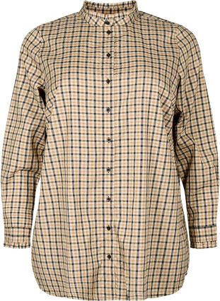 Rutig skjortblus med volanger, Brown Check, Packshot image number 0