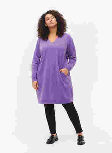 V-ringad sweatshirtklänning, Deep Lavender, Model image number 2