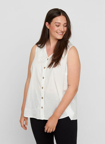 Ärmlös skjorta i bomull, Bright White, Model image number 0